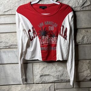 SOCIAL SCENE Women's Crop Los Angeles Top Long Sleeve‎ Red WOMENS LARGE